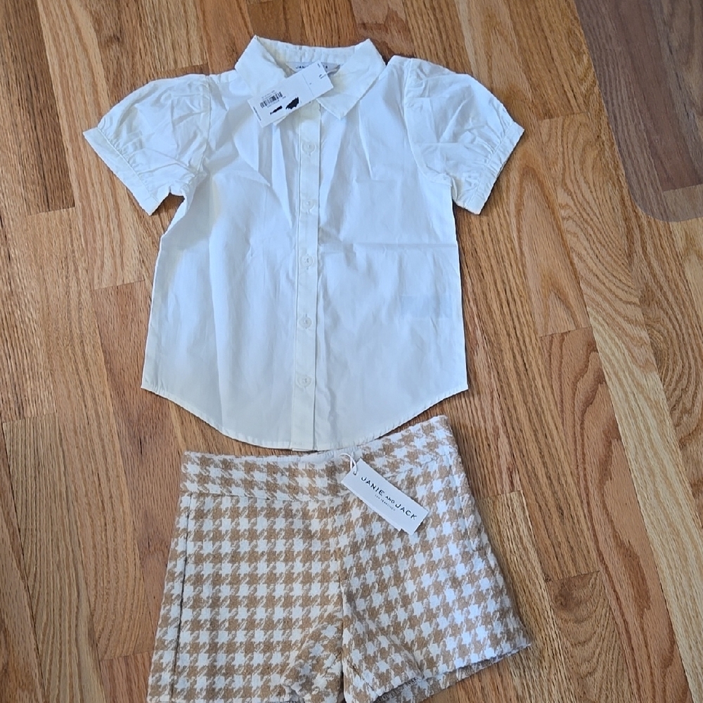 Janie And Jack White Shirt and Tan Houndstooth Shorts Set